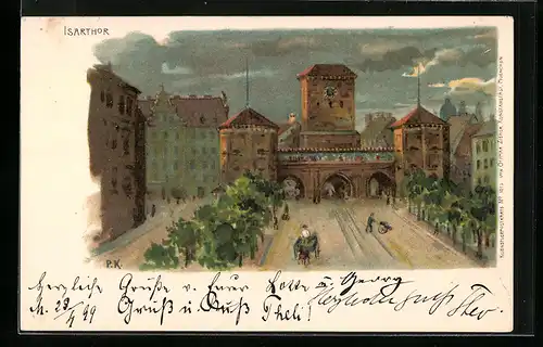 Lithographie München, Strassenpartie am Isarthor