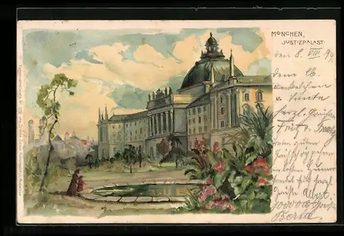 Lithographie München, Justizpalast mit Parkanlage