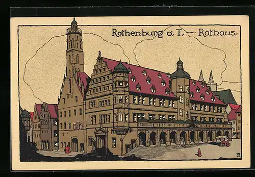 Steindruck-AK Rothenburg o. T., Rathaus mit Vorplatz