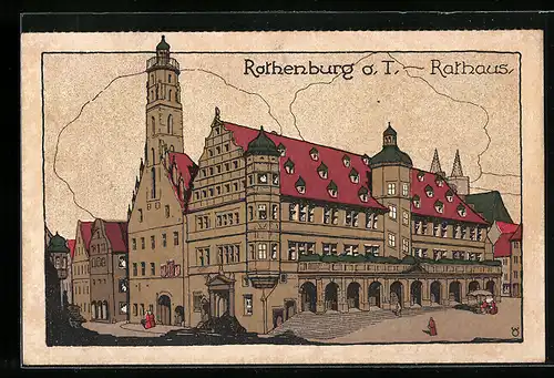 Steindruck-AK Rothenburg o. T., Rathaus mit Vorplatz