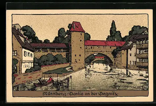 Steindruck-AK Nürnberg, Ortspartie an der Pegnitz