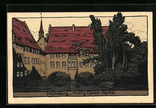 Steindruck-AK Nürnberg, Ansicht vom Heilig Geist-Spital