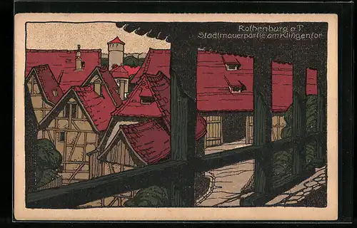 Steindruck-AK Rothenburg ob Tauber, Stadtmauerpartie am Klingentor