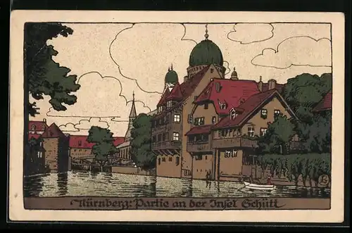 Steindruck-AK Nürnberg, Insel Schütt mit Synagoge