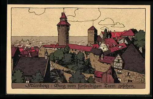 Steindruck-AK Nürnberg, Burg vom fünfeckigen Turm aus gesehen