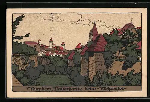 Steindruck-AK Nürnberg, Mauerpartie beim Mohrentor