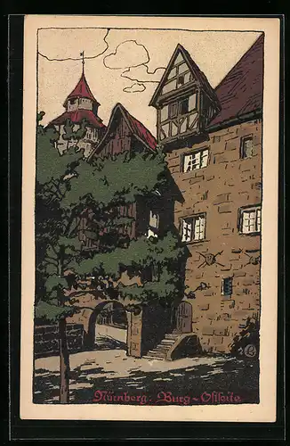 Steindruck-AK Nürnberg, Teilansicht der Burg von der Ostseite