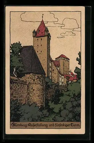 Steindruck-AK Nürnberg, Blick auf Kaiserstallung und fünfeckigen Turm