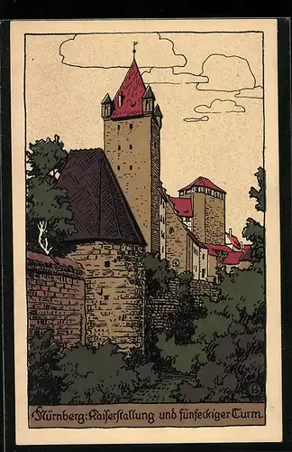 Steindruck-AK Nürnberg, Blick auf Kaiserstallung und fünfeckigen Turm