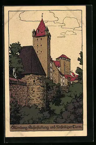 Steindruck-AK Nürnberg, Blick auf Kaiserstallung und fünfeckigen Turm