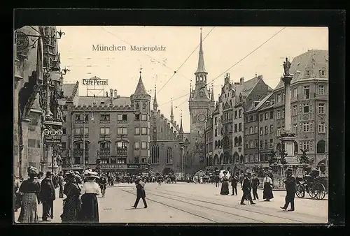 AK München, Marienplatz mit Café Perzel