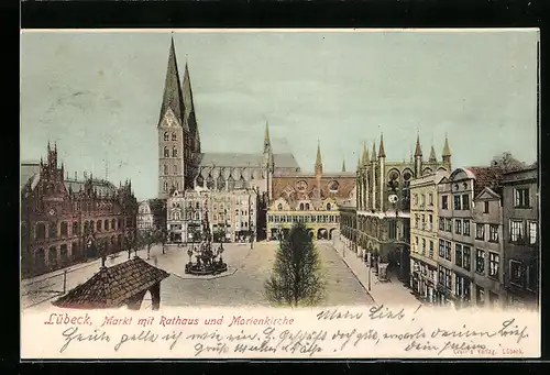 AK Lübeck, Markt mit Rathaus und Marienkirche
