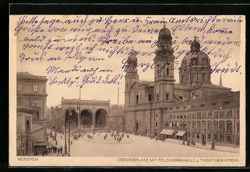 AK München, Odeonsplatz mit Feldherrnhalle und Theatiner Kirche