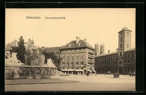 AK München, Maximiliansplatz mit Brunnen