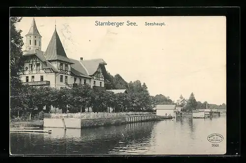 AK Seeshaupt /Starnberger See, Wasserpartie mit Blick auf ein Gebäude mit Türmchen