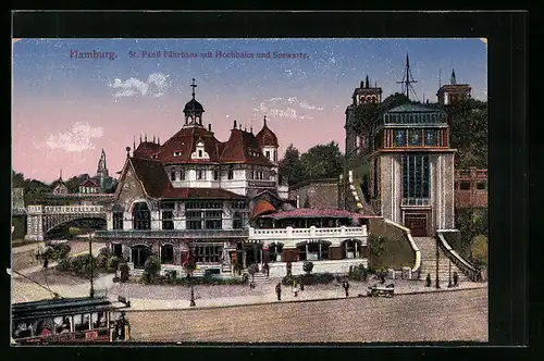 AK Hamburg-St. Pauli, Fährhaus mit Hochbahn und Seewarte