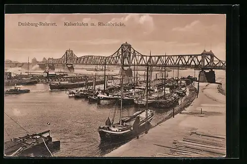 AK Duisburg-Ruhrort, Kaiserhafen mit Rheinbrücke