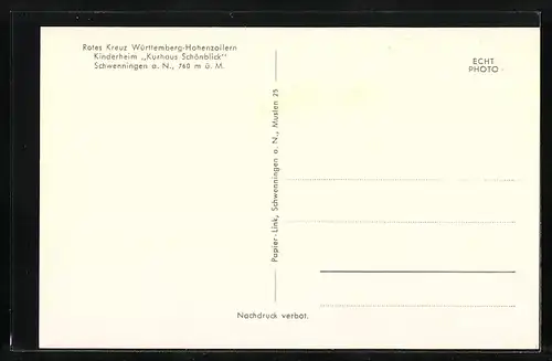 AK Schwenningen a. N., Rotes Kreuz Wüttemberg-Hohenzollern Kinderheim Kurhaus Schönblick