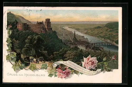 Lithographie Heidelberg, Ortsansicht mit Burg und Fluss