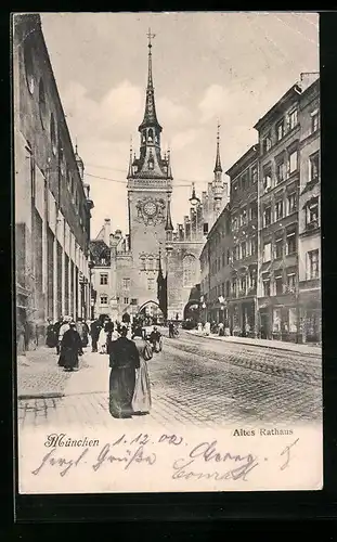 AK München, Altes Rathaus mit Geschäften