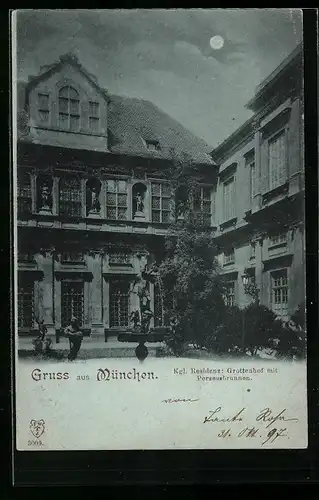 Mondschein-AK München, Kgl. Residenz, Grottenhof mit Perseusbrunnen