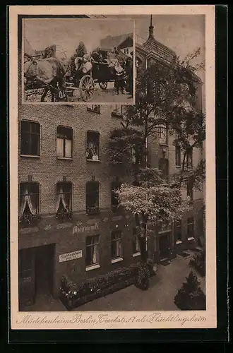 AK Berlin, Mädchenheim, Tieckstrasse 17 als Flüchtlingsheim, Pferdewagen