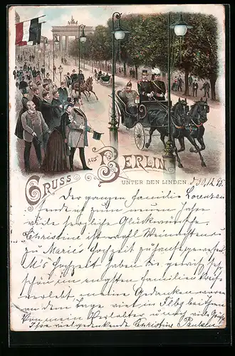 Vorläufer-Lithographie Berlin, 1895, Paradekutschen Unter den Linden