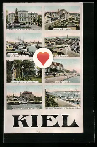 AK Kiel, Kieler Hafen mit Krupp`scher Werft, Königliches Schloss und Universität