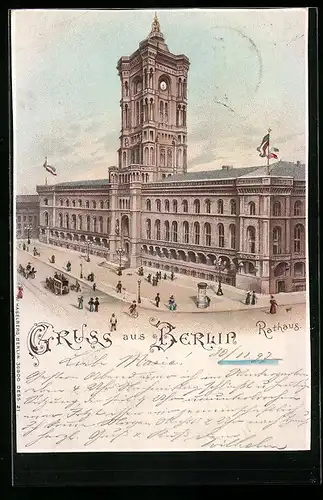 Lithographie Berlin, Rotes Rathaus mit beleuchteten Fenstern, Königstrasse