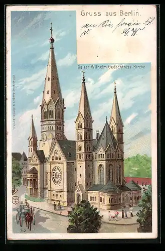 Lithographie Berlin-Charlottenburg, Partie an der Kaiser Wilhelm-Gedächtniskirche