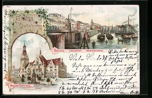 Lithographie Duisburg, Hafen, Marienkirche, Neues Rathaus
