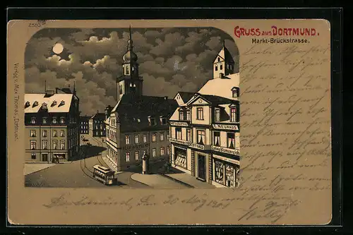 Mondschein-Lithographie Dortmund, Markt u. Brückenstrasse bei Nacht