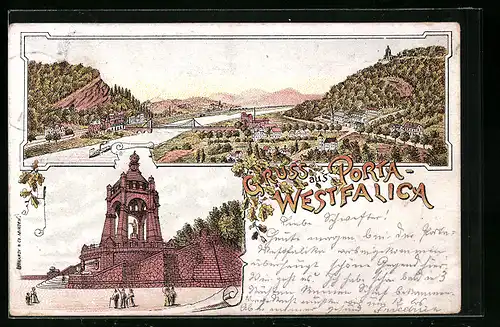 Lithographie Porta Westfalica, Panorama mit Brücke, Kaiser Wilhelm Denkmal
