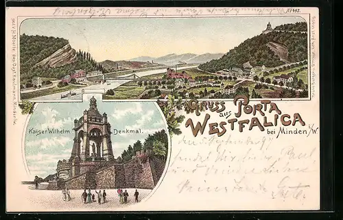 Lithographie Porta Westfalica, Panorama mit Brücke, Kaiser Wilhelm Denkmal