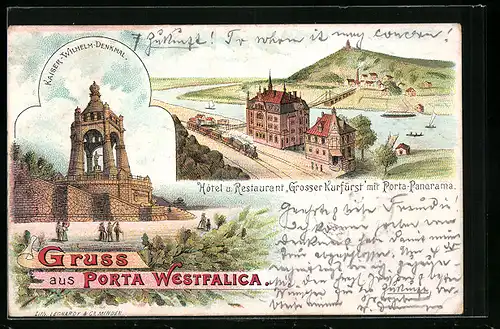 Lithographie Porta Westfalica, Hotel und Restaurant Grosser Kurfürst, Kaiser Wilhelm Denkmal