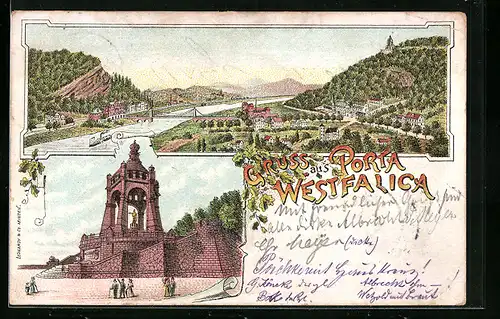 Lithographie Porta Westfalica, Panorama mit Brücke, Kaiser Wilhelm Denkmal