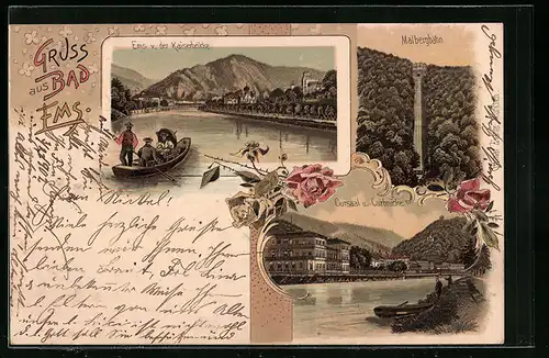 Lithographie Bad Ems, Cursaal und Curbrücke, Malbergbahn, Teilansicht von der Kaiserbrücke