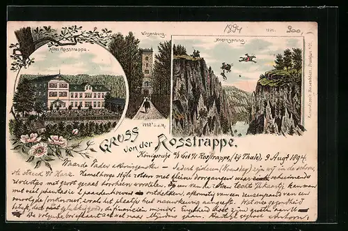 Vorläufer-Lithographie Thale, 1894, Gruss von der Rosstrappe, Hotel Rosstrappe, Hexensprung, Winzenburg
