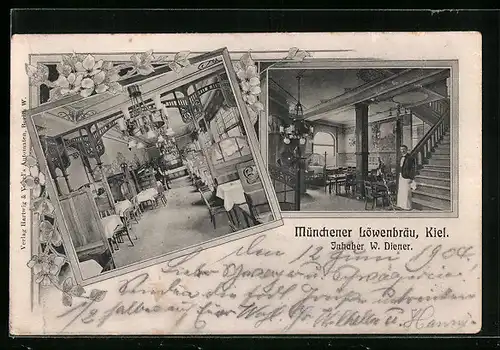 AK Kiel, Gasthaus Münchener Löwenbräu, Inh. W. Diener, Innenansicht