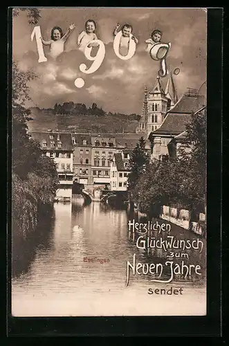 AK Esslingen, Flusspartie mit Stadtansicht