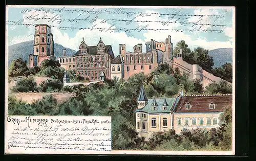 AK Heidelberg, Das Schloss vom Hotel Prinz Carl gesehen