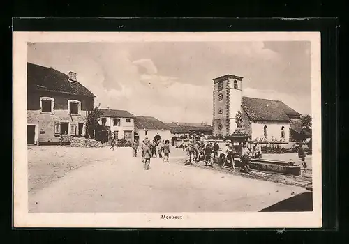 AK Montreux, Platz mit Kirche und Brunnen, Soldaten