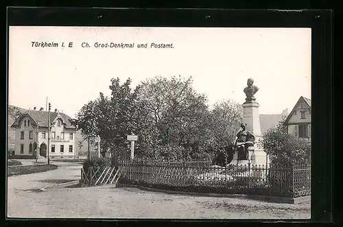 AK Türkheim i. E., Ch. Grad-Denkmal und Postamt