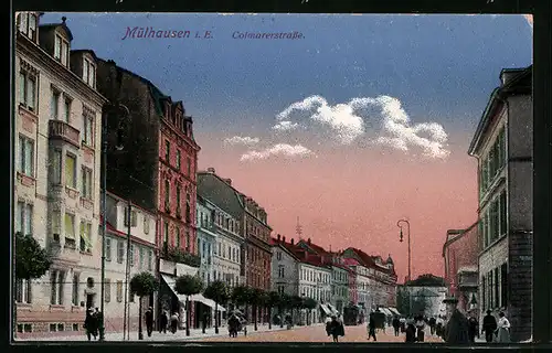 AK Mülhausen i. E., Colmarerstrasse mit Passanten