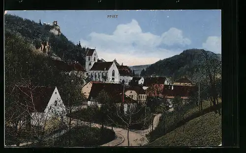 AK Pfirt, Teilansicht mit Kirche aus der Vogelschau