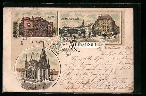 Lithographie Mülhausen i. E., Markt und Markthalle, Theater, Ev. Kirche