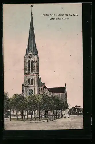 AK Dornach /O. Els., Katholische Kirche mit Strasse