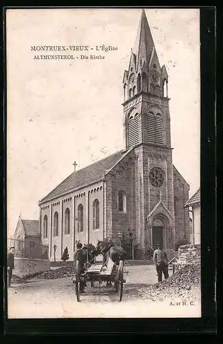 AK Altmunsterol, Kirche mit Pferdewagen und Strassenarbeitern