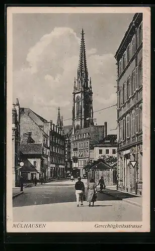 AK Mülhausen i. E., Gerechtigkeitsstrasse mit Kirche