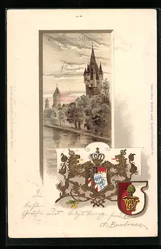 Passepartout-Lithographie Augsburg, Blick auf den 5. Gratturm, Wappen